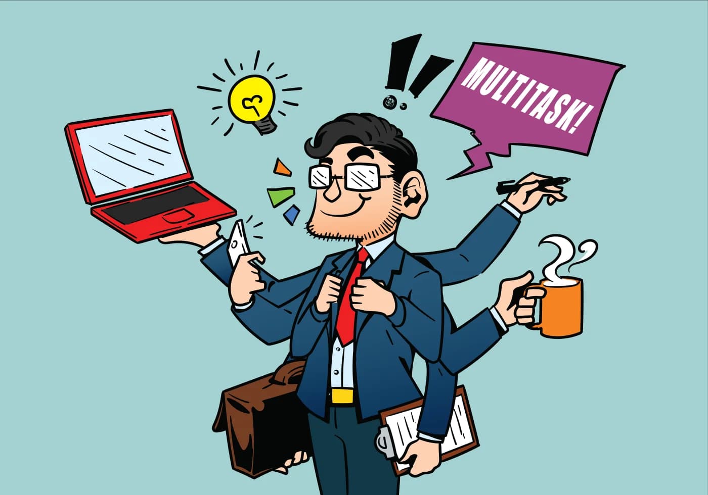 Ilustração de profissional multitarefas segurando notebook, documentos e café